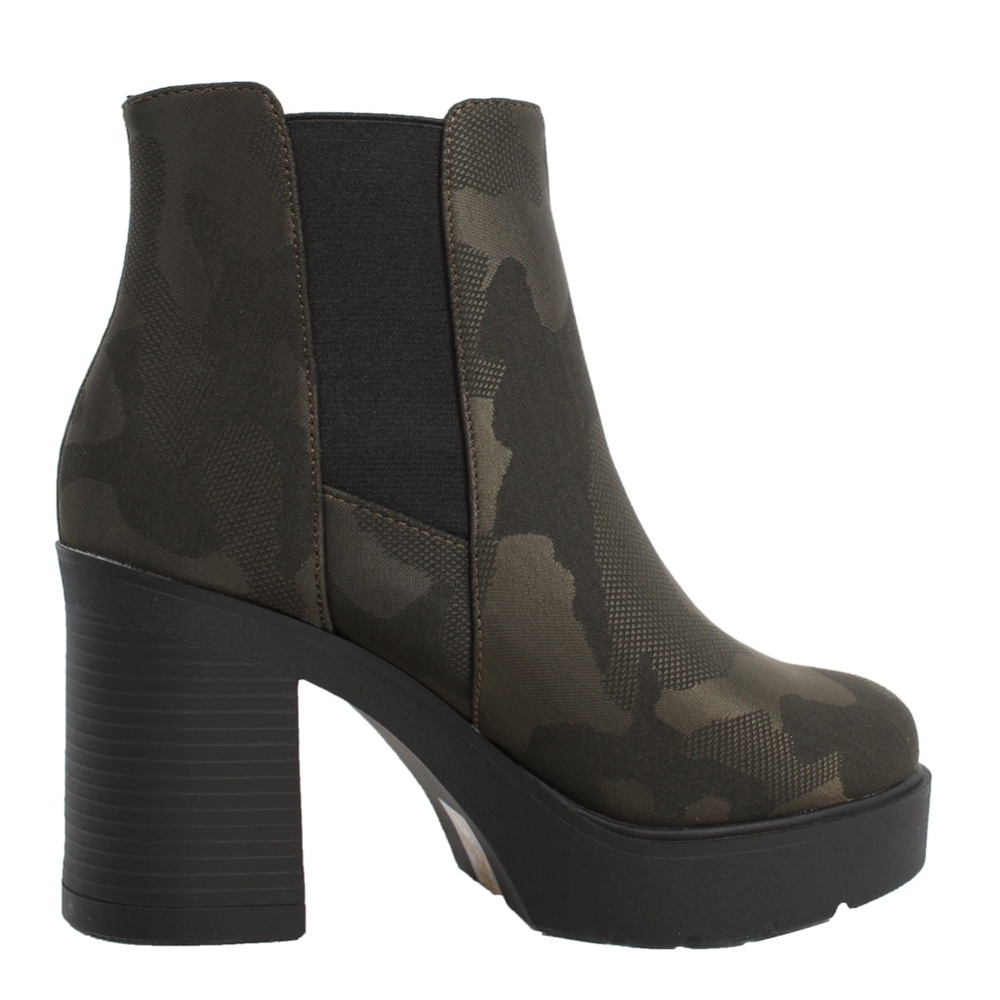 Camouflage Faux Suede Chelsea Lug Block Heel Ankle - Picture 3 of 7